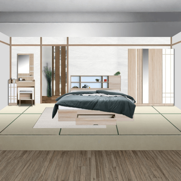 ชุดห้องนอน + ที่นอนสปริง 6 ฟุต WISDOM DESIGN FURNITURE รุ่น NANA-L สีบัตเตอร์/ขาว ลิ้นชักท้ายเตียง